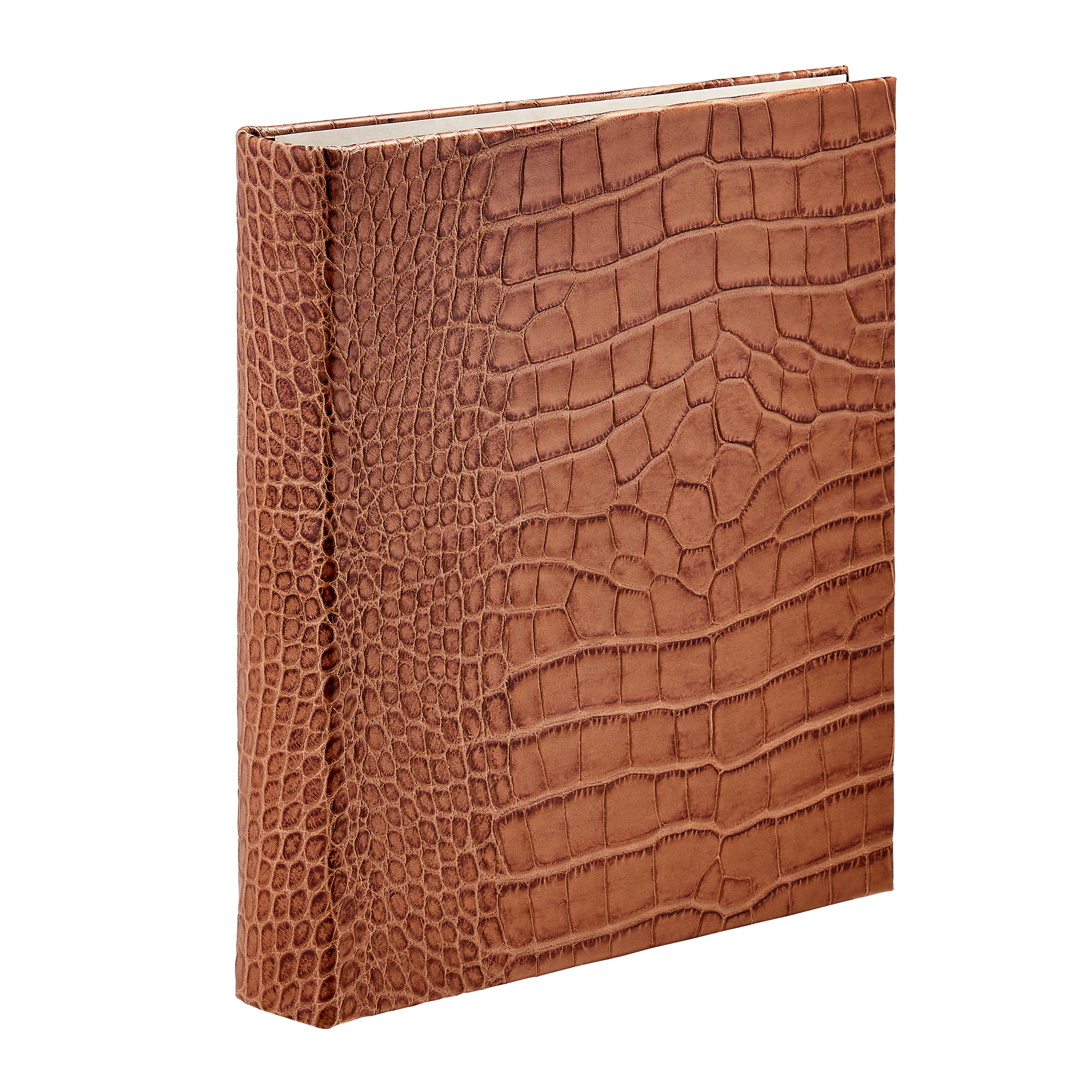 Large 3-Ring Clear Pocket Album Light Brown Croc Embossed Leather